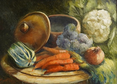 Yvette Galsworthy (20th. C), pair of oils on canvas, Still lifes, comprising 'Pigeon pie' and one other, each signed, 28 x 39cm. Condition - good